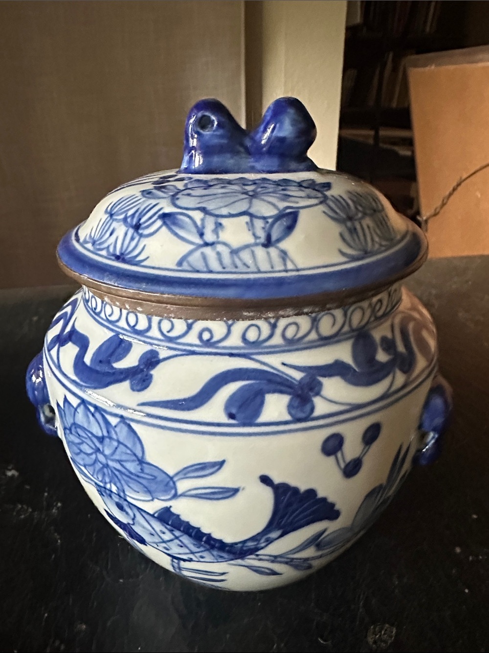 Blue and White Floral Porcelain Jar with Lid - Home Art